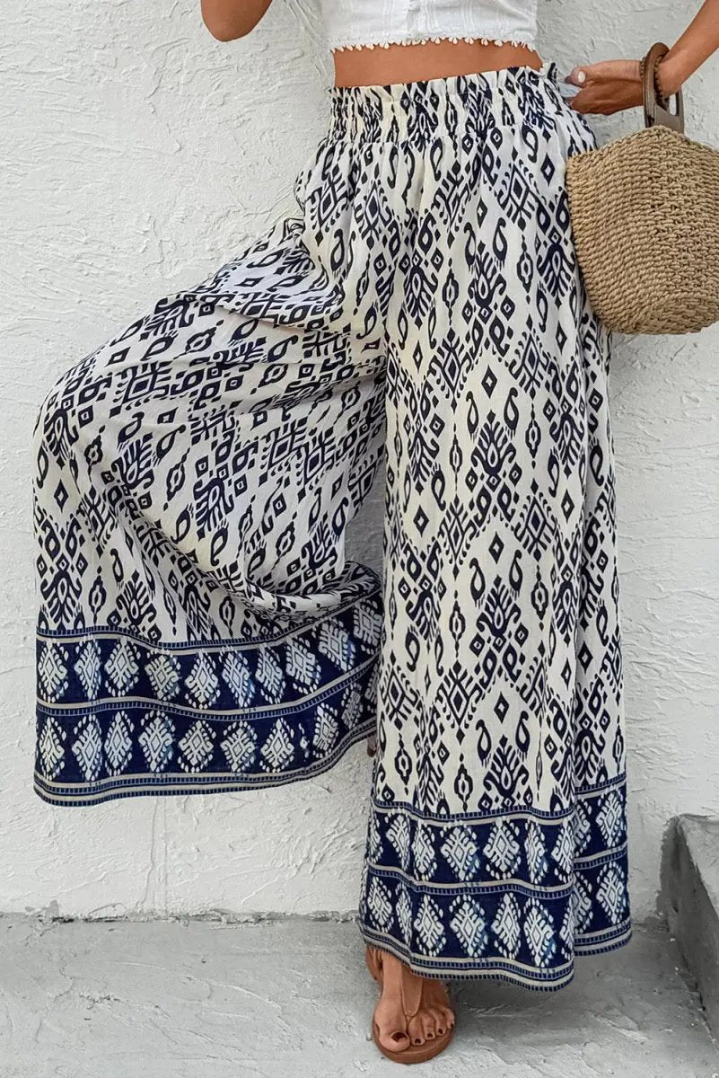 Blue Boho Pattern Print High Waist Wide Leg Loose Pants - Love Salve